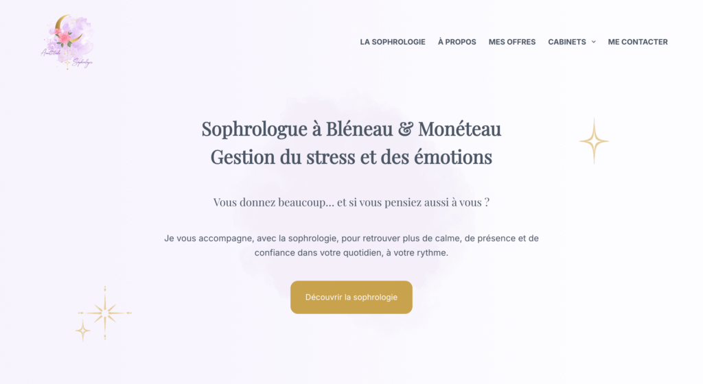 Site sophrologue apaisant, rose, et doré